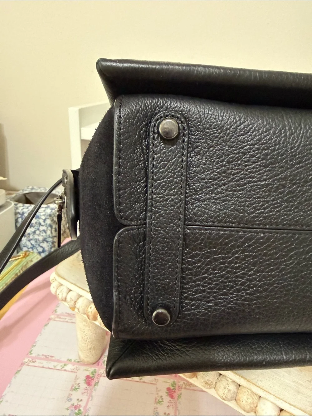 Coach Black Pebbled Leather Satchel with Suede Sides And Crossbody Strap